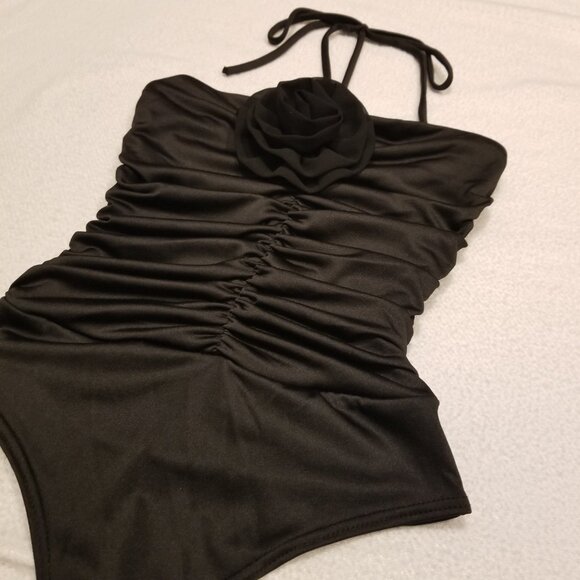 NWT Bodysuit with Rosette Black Halter Tube Top Shirt Ruched Sleeveless XS Gaze - Picture 7 of 13